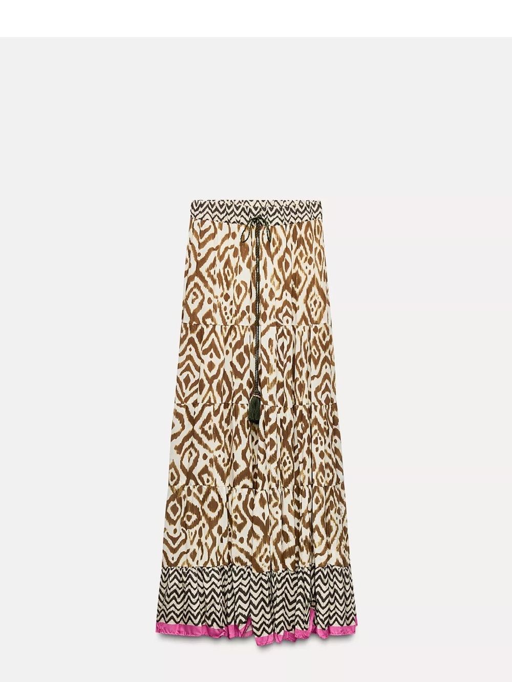 Zara Brown and White Ikat Maxi Skirt with Pink Trim